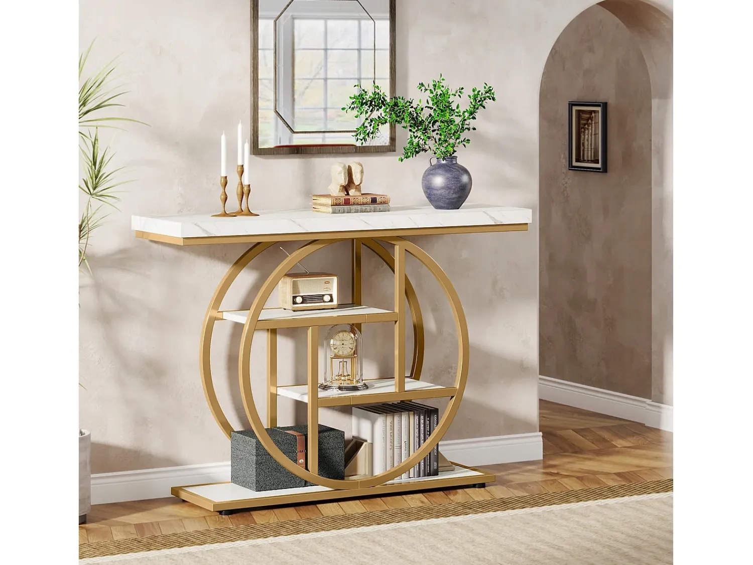 Consola*Tribesigns Console de Estilo Industrial de 105 cm, com 4 Níveis e Base Circular, estreita em Madeira com Prateleiras de Armazenamento (/Dourado) Branco
