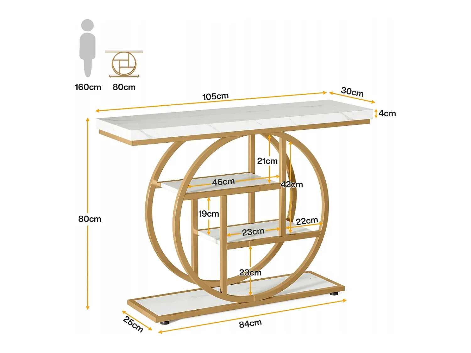 Consola*Tribesigns Console de Estilo Industrial de 105 cm, com 4 Níveis e Base Circular, estreita em Madeira com Prateleiras de Armazenamento (/Dourado) Branco