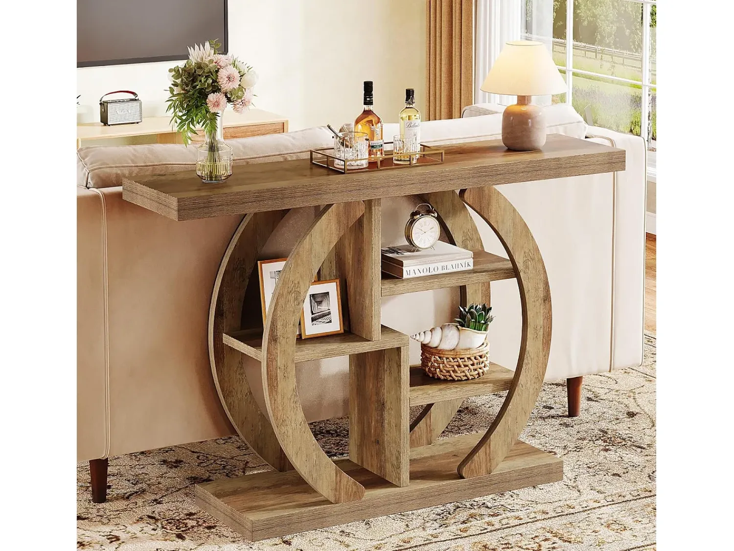 Tribesigns Console de mesa com 4 níveis, 108 cm, com base circular, em madeira com prateleiras de armazenamento, para sala, corredor, lareira, carvalho claro marrom^ Consola
