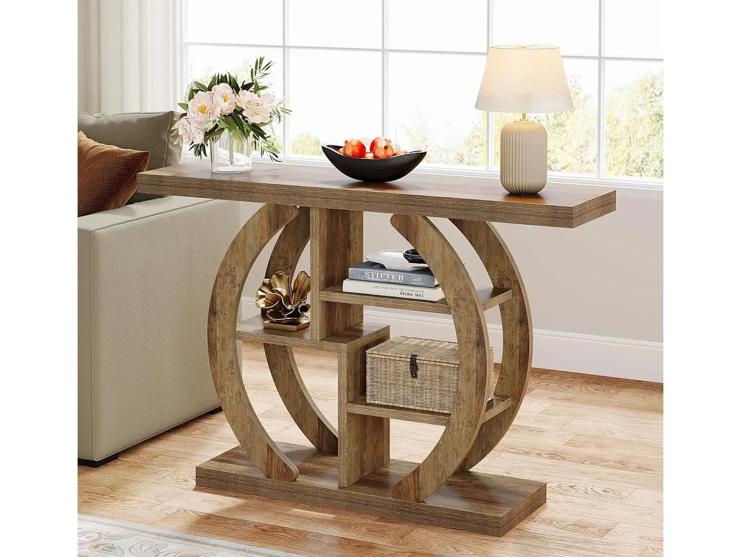 Tribesigns Console de mesa com 4 níveis, 108 cm, com base circular, em madeira com prateleiras de armazenamento, para sala, corredor, lareira, carvalho claro marrom^ Consola