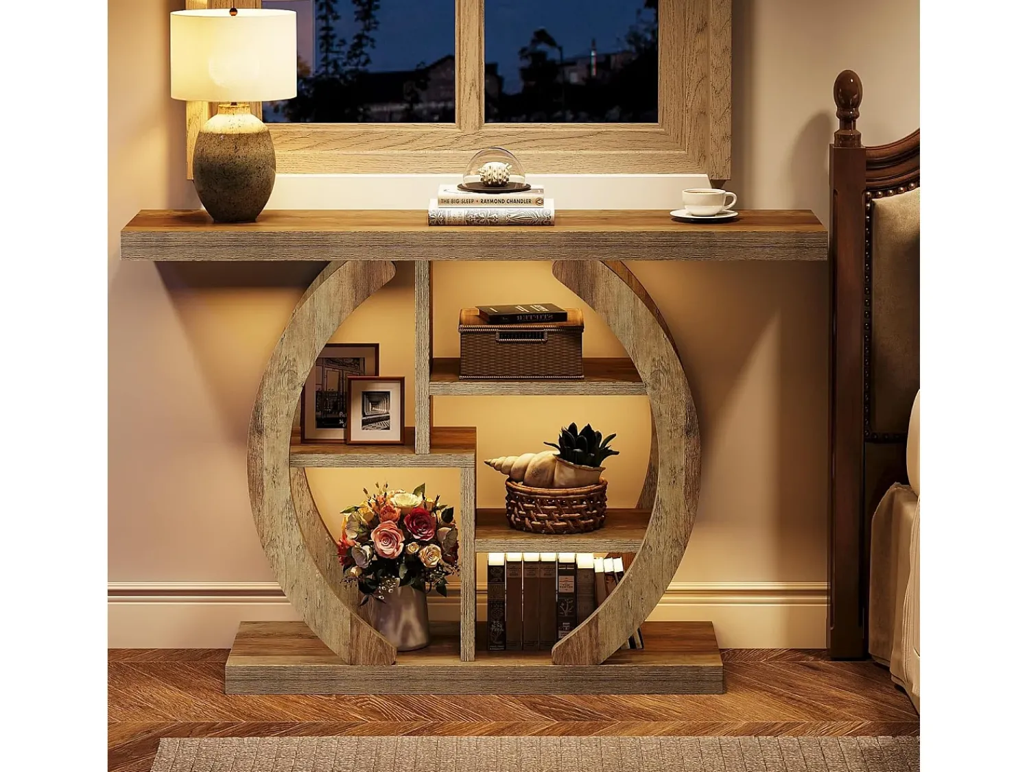 Tribesigns Console de mesa com 4 níveis, 108 cm, com base circular, em madeira com prateleiras de armazenamento, para sala, corredor, lareira, carvalho claro marrom^ Consola
