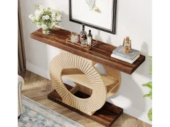 Consola*Tribesigns Console de mesa de 100 cm com armazenamento - Mesa de entrada em madeira para sala, com prateleiras e base circular Castanho