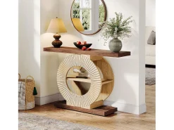 Consola*Tribesigns Console de mesa de 100 cm com armazenamento - Mesa de entrada em madeira para sala, com prateleiras e base circular Castanho