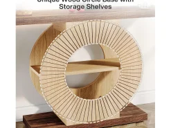Consola*Tribesigns Console de mesa de 100 cm com armazenamento - Mesa de entrada em madeira para sala, com prateleiras e base circular Castanho