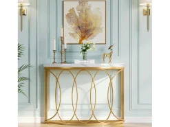 Clearance Tribesigns Console de mesa dourada, mesa de cabeceira, mesa de sofá, mesa de corredor com mesa em imitação de mármore, moldura de metal e design em meia lua Branco