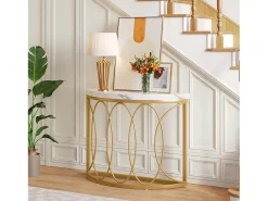 Clearance Tribesigns Console de mesa dourada, mesa de cabeceira, mesa de sofá, mesa de corredor com mesa em imitação de mármore, moldura de metal e design em meia lua Branco