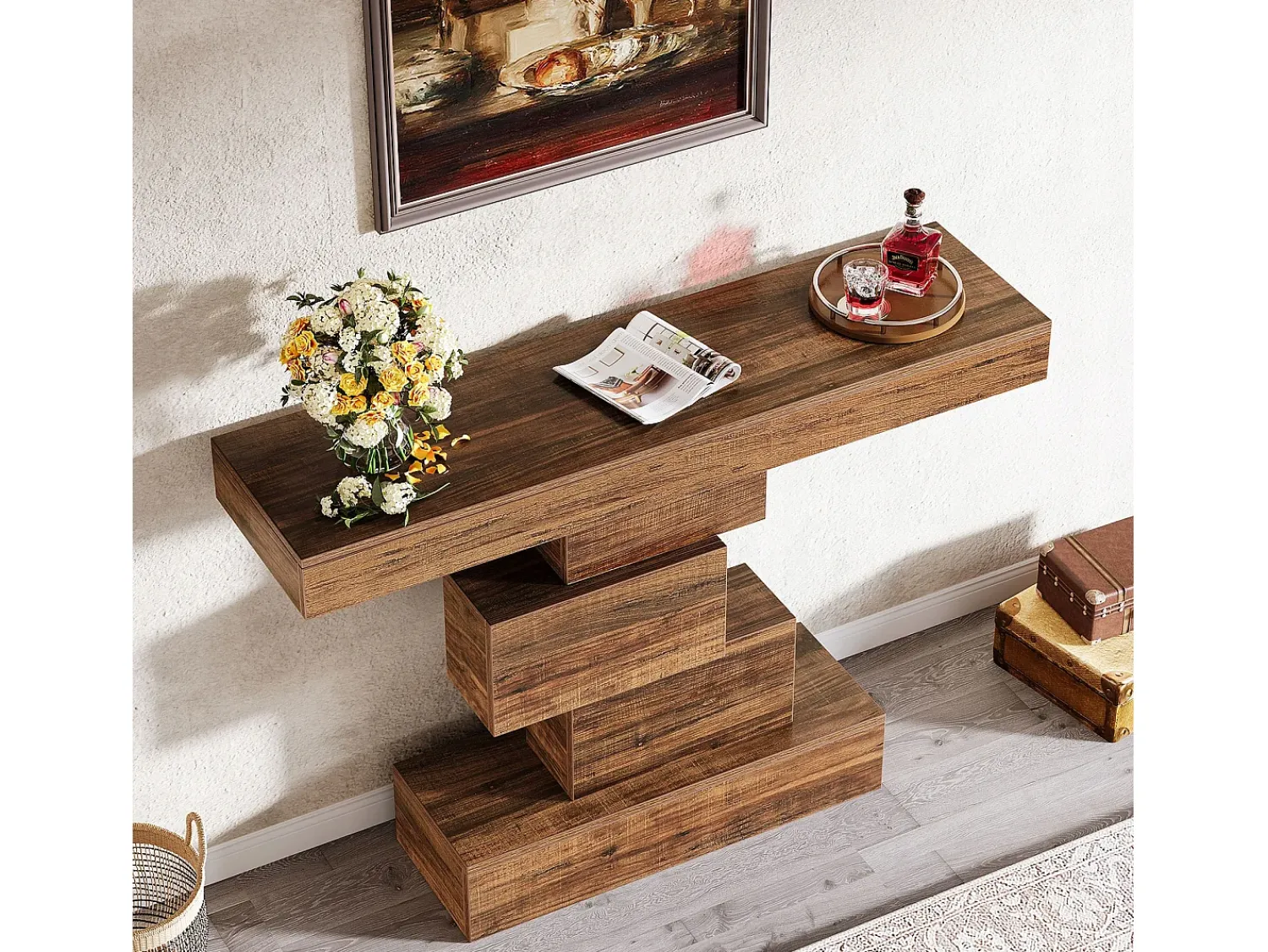 Tribesigns Console de mesa, mesa de apoio de 108 cm feita de madeira estreita atrás do sofá com base geométrica, mesa de entrada industrial, marrom rústico^ Consola