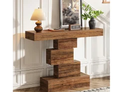 Tribesigns Console de mesa, mesa de apoio de 108 cm feita de madeira estreita atrás do sofá com base geométrica, mesa de entrada industrial, marrom rústico^ Consola