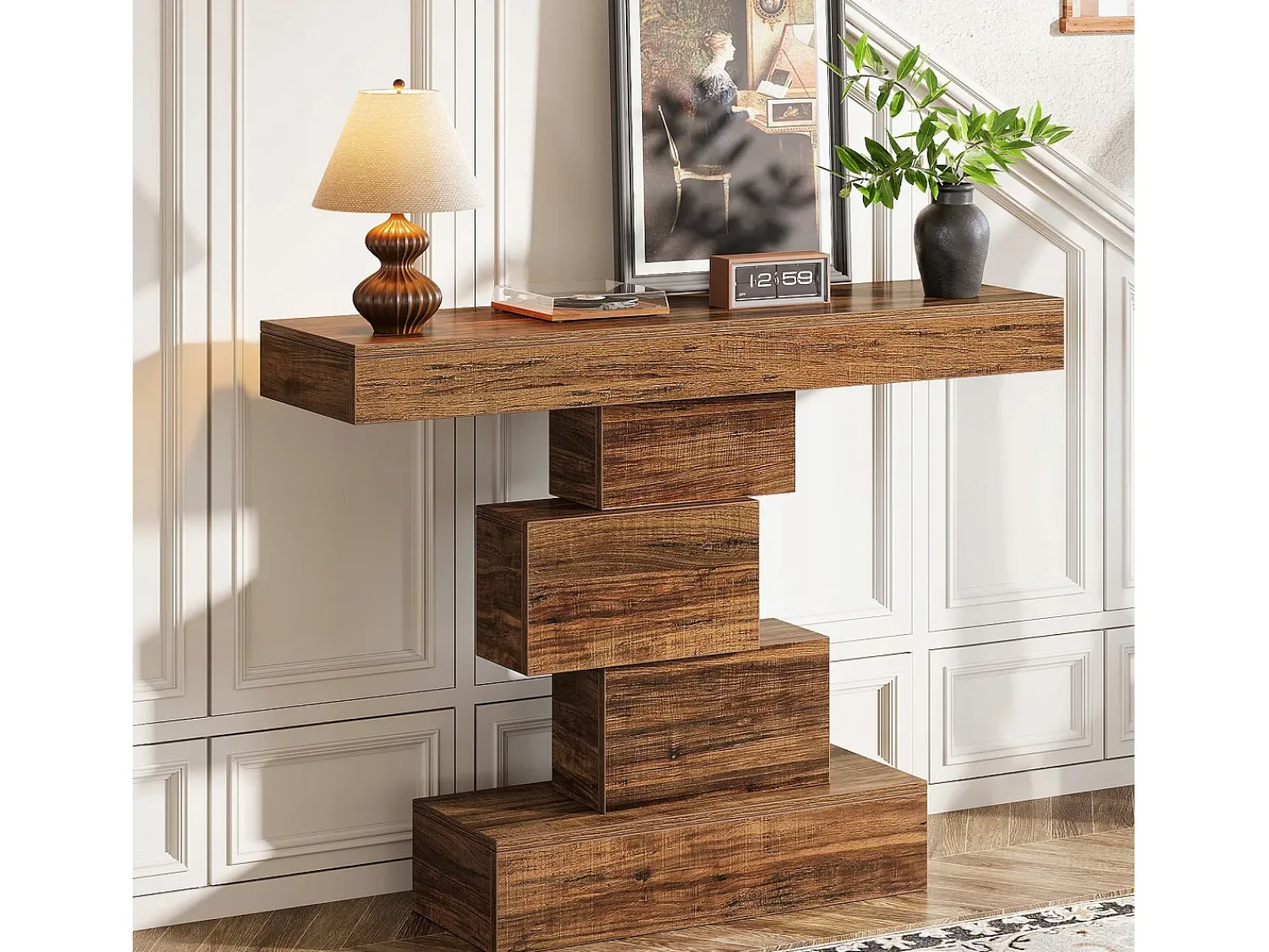 Tribesigns Console de mesa, mesa de apoio de 108 cm feita de madeira estreita atrás do sofá com base geométrica, mesa de entrada industrial, marrom rústico^ Consola