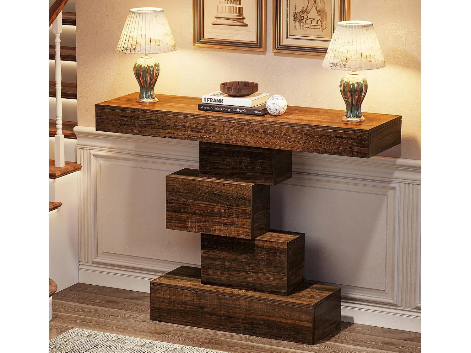 Tribesigns Console de mesa, mesa de apoio de 108 cm feita de madeira estreita atrás do sofá com base geométrica, mesa de entrada industrial, marrom rústico^ Consola