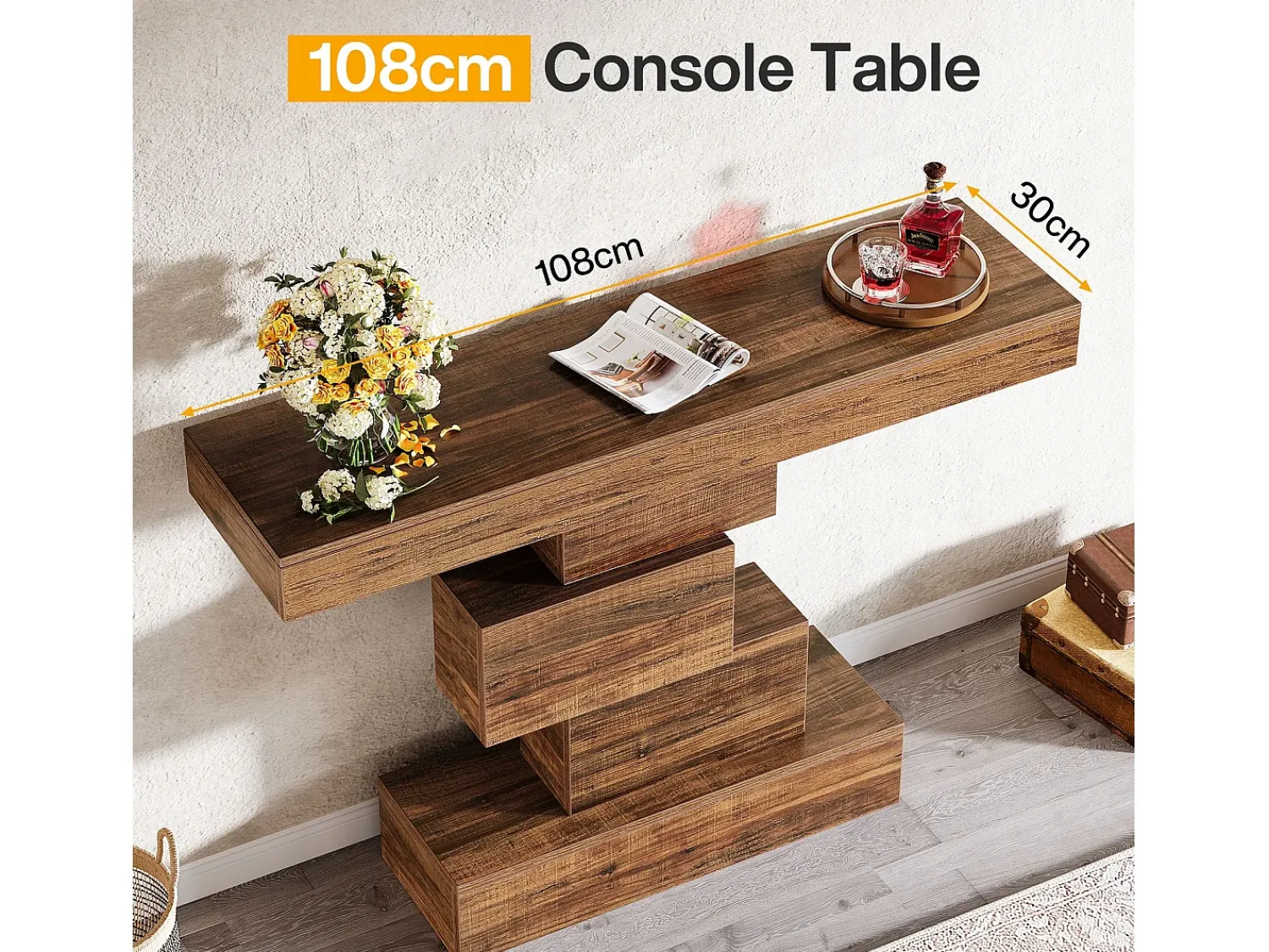 Tribesigns Console de mesa, mesa de apoio de 108 cm feita de madeira estreita atrás do sofá com base geométrica, mesa de entrada industrial, marrom rústico^ Consola