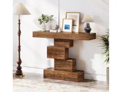 Tribesigns Console de mesa, mesa de apoio de 108 cm feita de madeira estreita atrás do sofá com base geométrica, mesa de entrada industrial, marrom rústico^ Consola