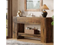 Consola*Tribesigns Console de Mesa Rústica Marrom com 2 Gavetas, Console de Mesa Estreita de 2 Níveis de 140cm Castanho