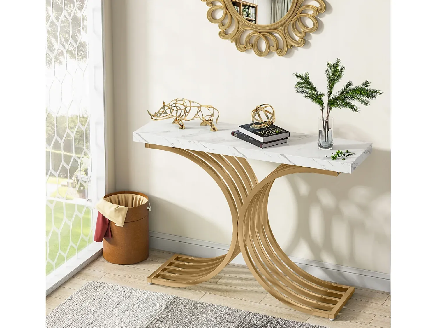 Sale Tribesigns Console estreita para mesa, mesa auxiliar com estrutura em metal dourado, 100 x 30 x 80 cm, pequena mesa de exposição Branco