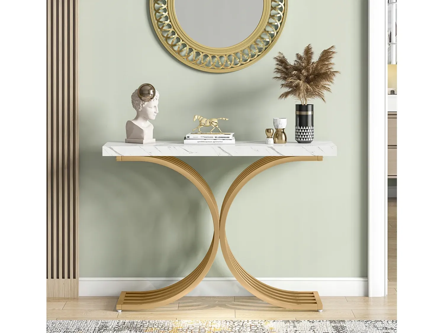 Sale Tribesigns Console estreita para mesa, mesa auxiliar com estrutura em metal dourado, 100 x 30 x 80 cm, pequena mesa de exposição Branco