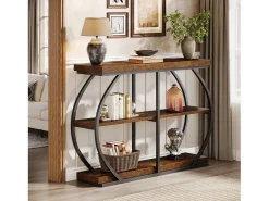 Outlet Tribesigns Console industrial de mesa com três níveis, com estrutura de metal arqueada e prateleiras de armazenamento Castanho