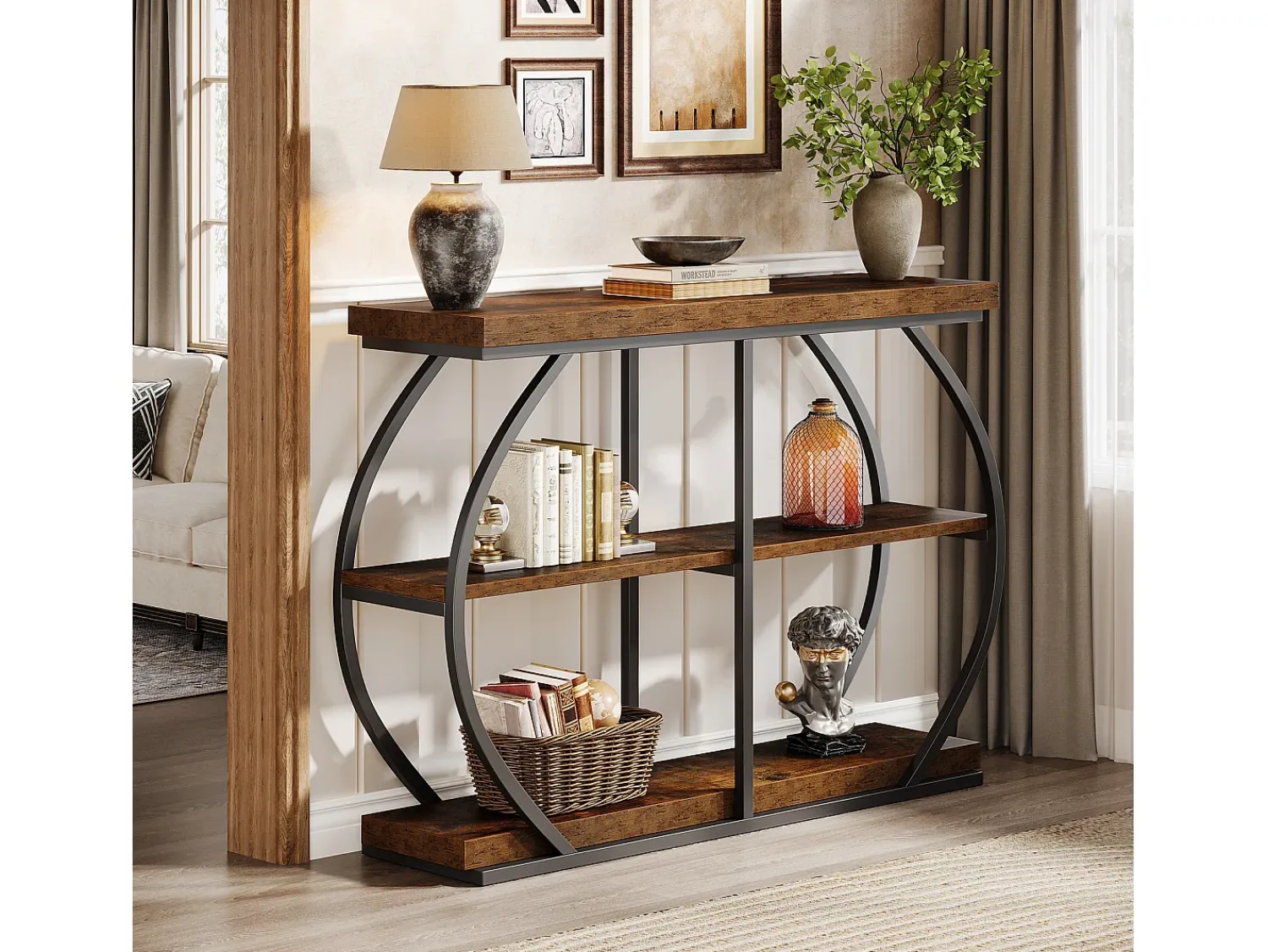 Outlet Tribesigns Console industrial de mesa com três níveis, com estrutura de metal arqueada e prateleiras de armazenamento Castanho