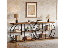 Outlet Tribesigns Console industrial de mesa com três níveis, com estrutura de metal arqueada e prateleiras de armazenamento Castanho