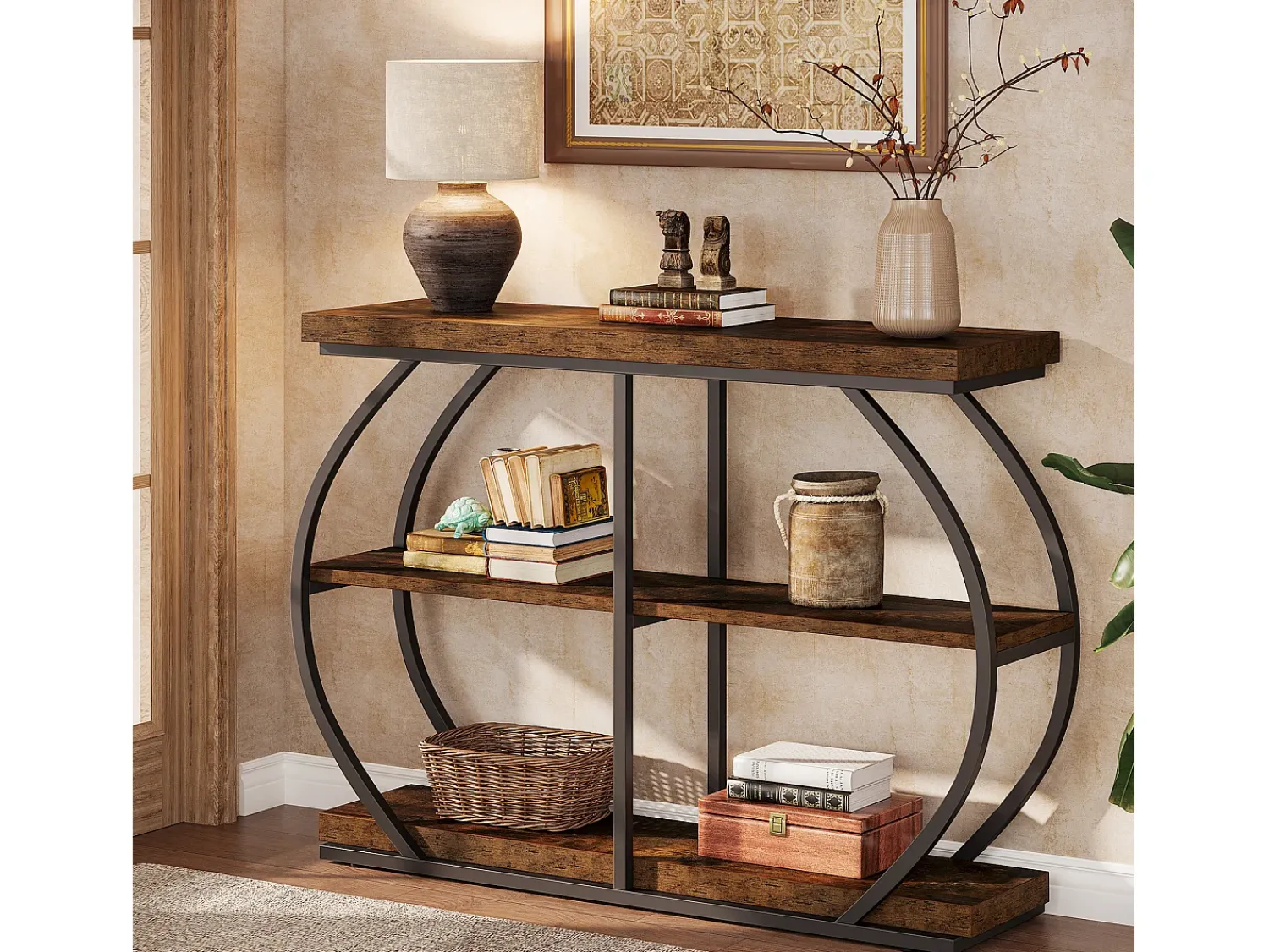 Outlet Tribesigns Console industrial de mesa com três níveis, com estrutura de metal arqueada e prateleiras de armazenamento Castanho