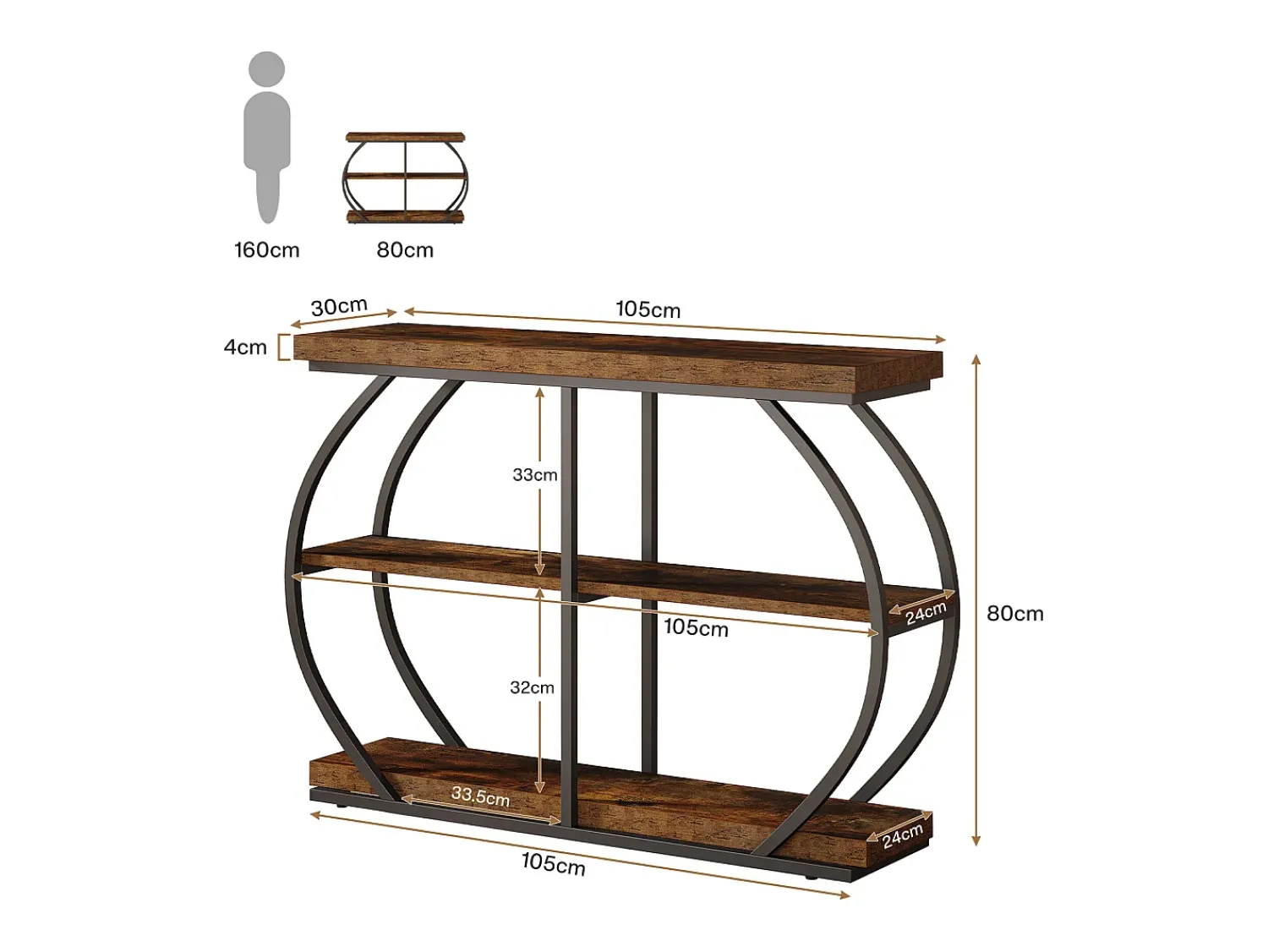Outlet Tribesigns Console industrial de mesa com três níveis, com estrutura de metal arqueada e prateleiras de armazenamento Castanho