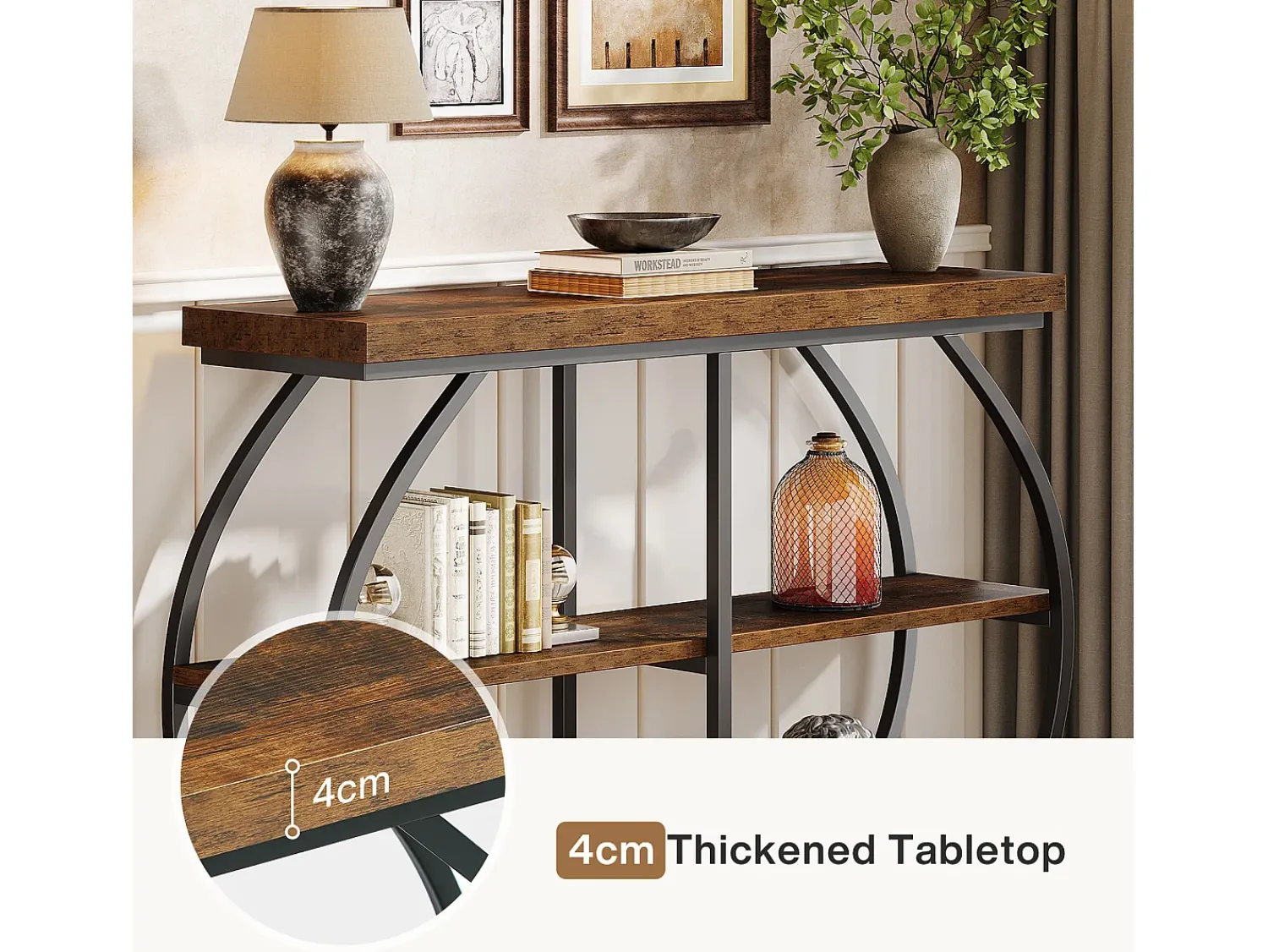 Outlet Tribesigns Console industrial de mesa com três níveis, com estrutura de metal arqueada e prateleiras de armazenamento Castanho