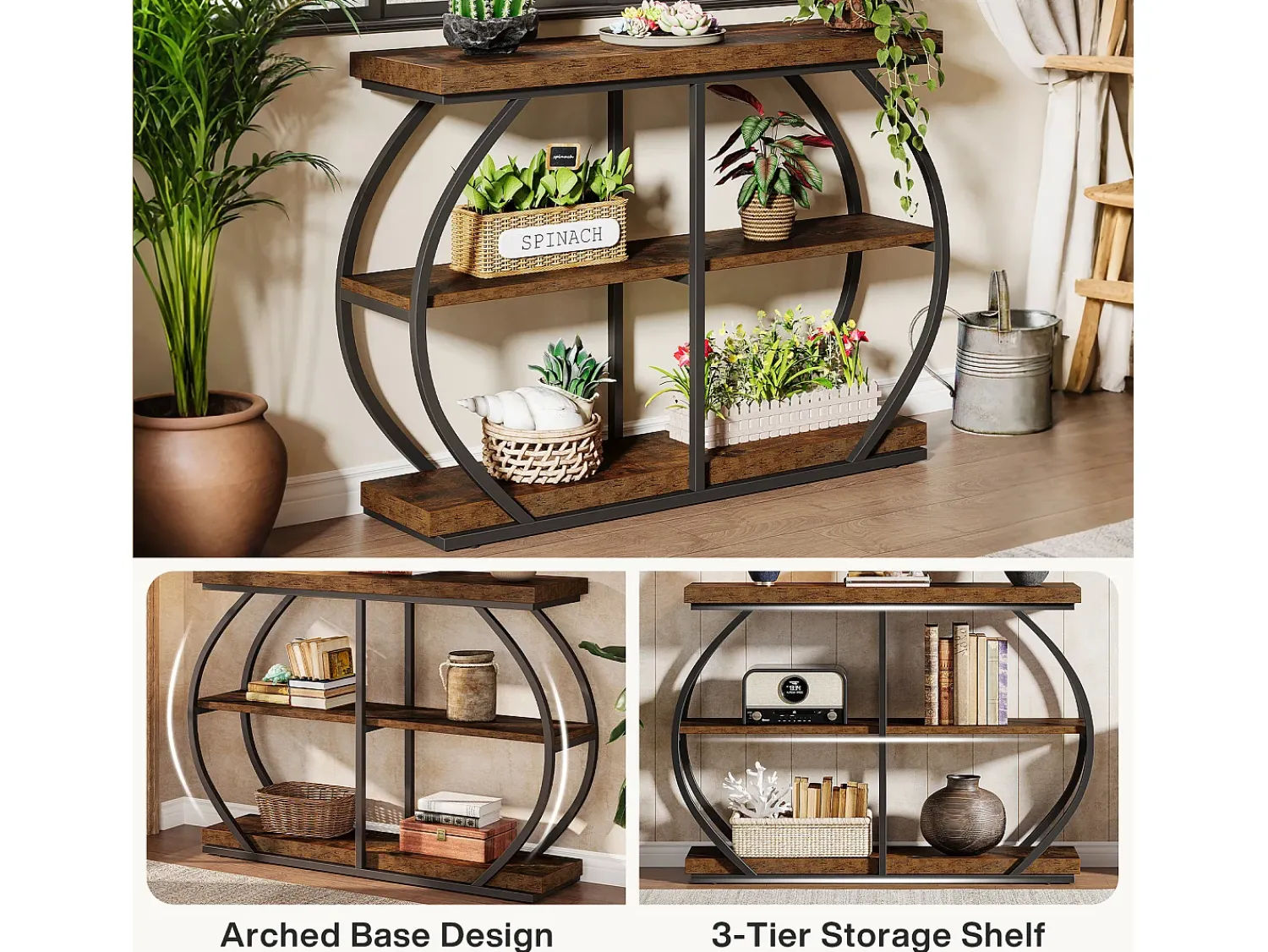 Outlet Tribesigns Console industrial de mesa com três níveis, com estrutura de metal arqueada e prateleiras de armazenamento Castanho