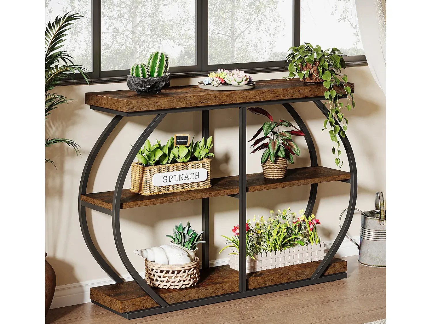 Outlet Tribesigns Console industrial de mesa com três níveis, com estrutura de metal arqueada e prateleiras de armazenamento Castanho