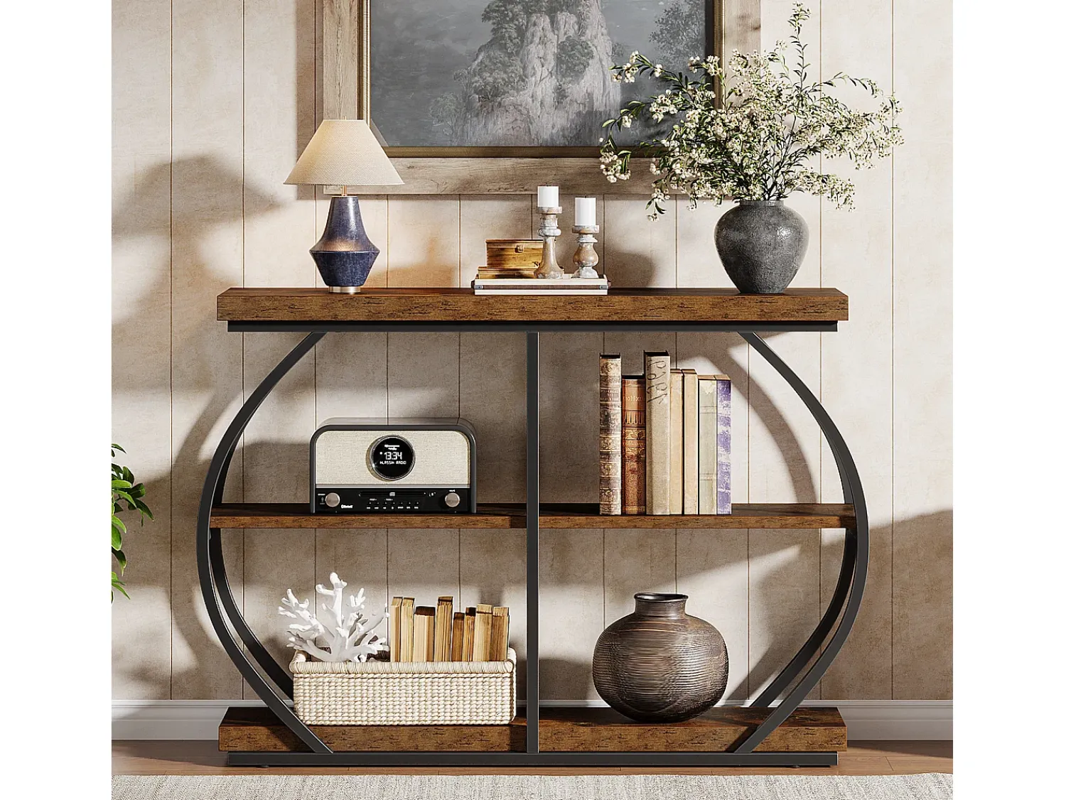 Outlet Tribesigns Console industrial de mesa com três níveis, com estrutura de metal arqueada e prateleiras de armazenamento Castanho