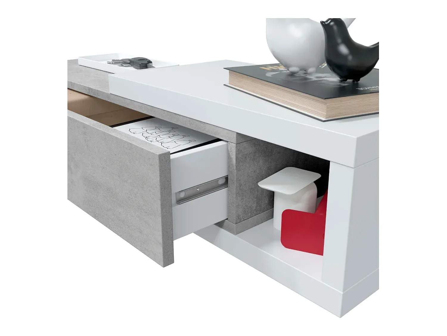 Consola|AZURA HOME DESIGN Console suspensa reversível com 1 gaveta e 1 espelho L95 cm - NOON Branco Fosco e Cinza Cemento Cinzento claro