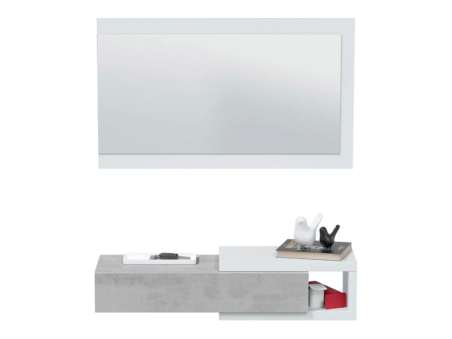 Consola|AZURA HOME DESIGN Console suspensa reversível com 1 gaveta e 1 espelho L95 cm - NOON Branco Fosco e Cinza Cemento Cinzento claro