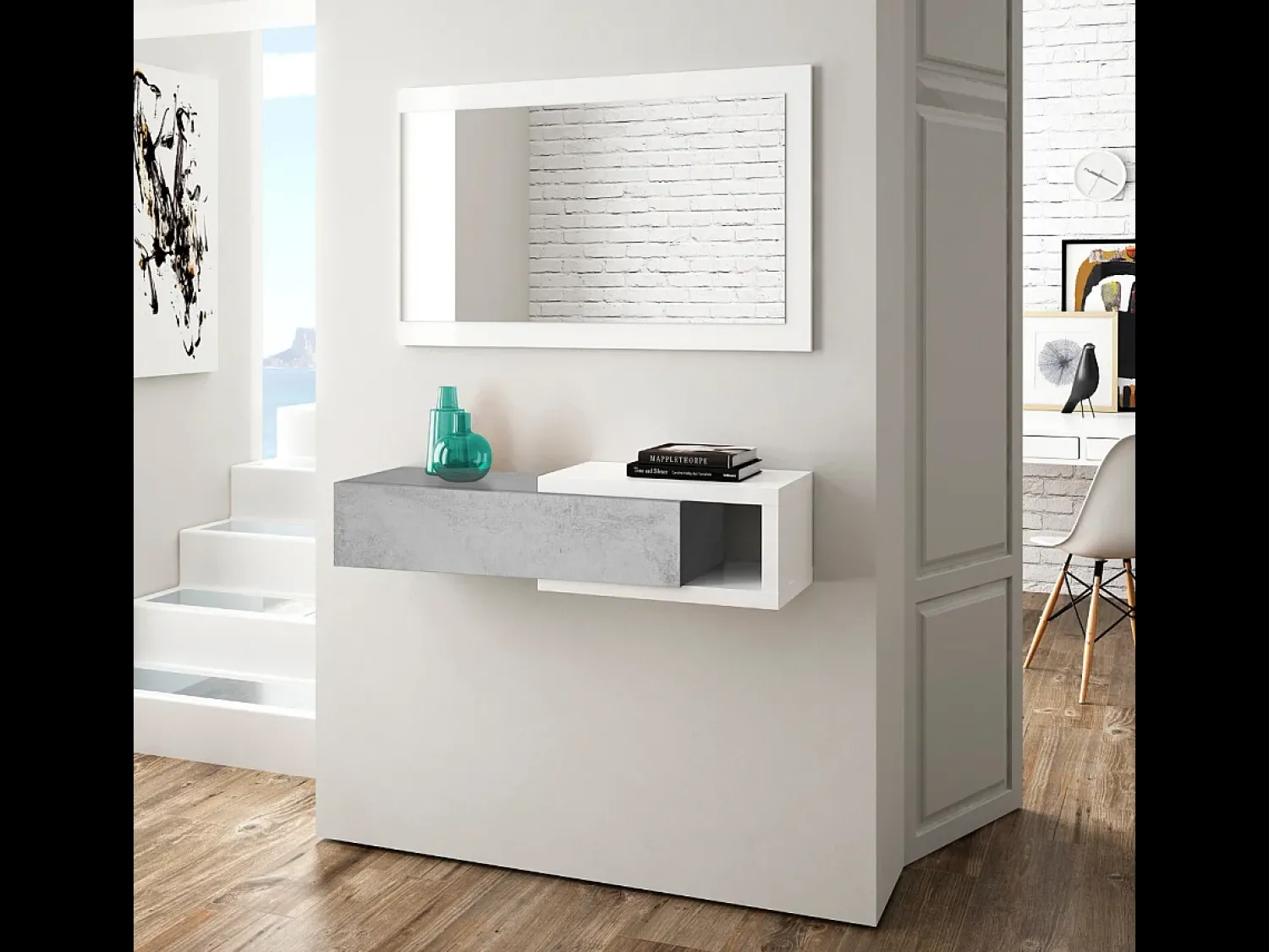 Consola|AZURA HOME DESIGN Console suspensa reversível com 1 gaveta e 1 espelho L95 cm - NOON Branco Fosco e Cinza Cemento Cinzento claro
