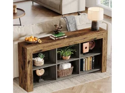 Tribesigns Console table com 160 cm de comprimento, mesa de entrada em madeira rústica com 6 cubos de armazenamento^ Consola