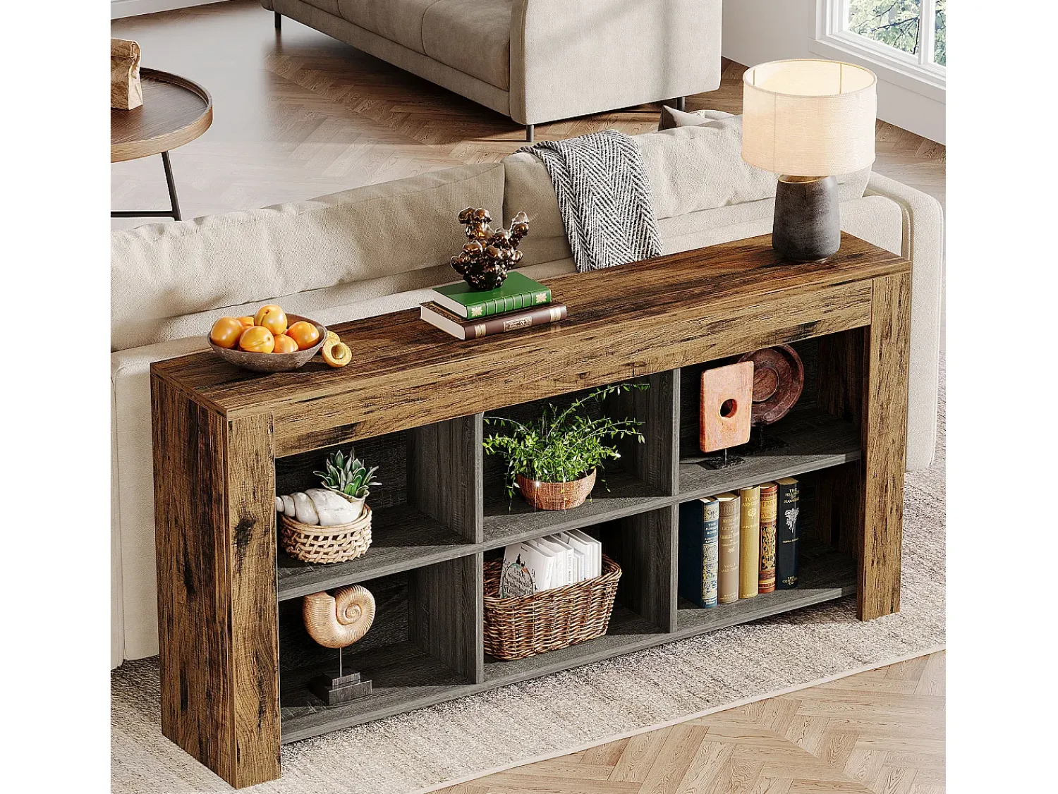 Tribesigns Console table com 160 cm de comprimento, mesa de entrada em madeira rústica com 6 cubos de armazenamento^ Consola