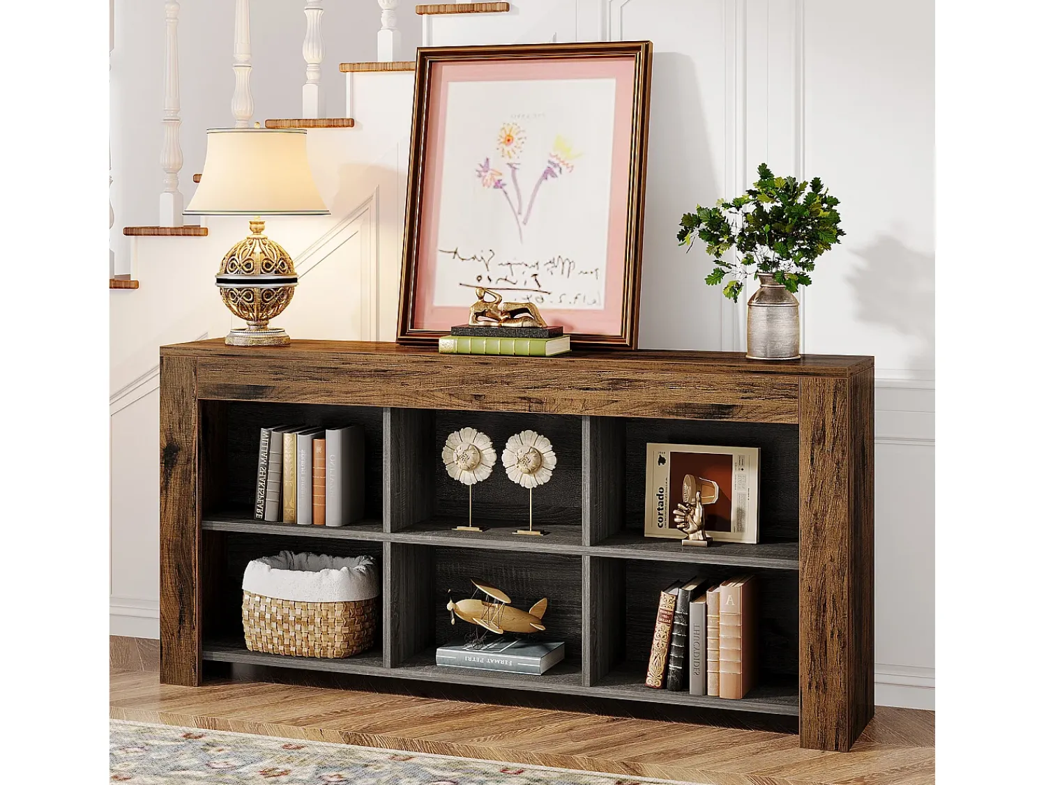 Tribesigns Console table com 160 cm de comprimento, mesa de entrada em madeira rústica com 6 cubos de armazenamento^ Consola