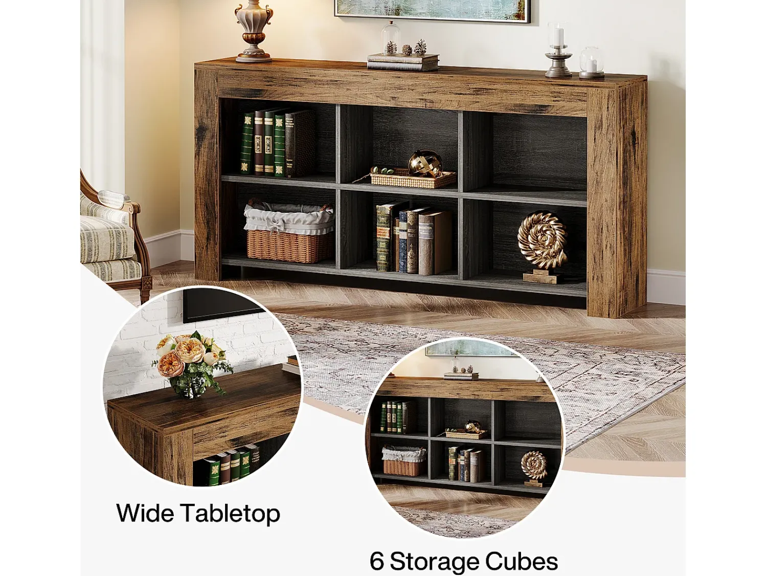 Tribesigns Console table com 160 cm de comprimento, mesa de entrada em madeira rústica com 6 cubos de armazenamento^ Consola