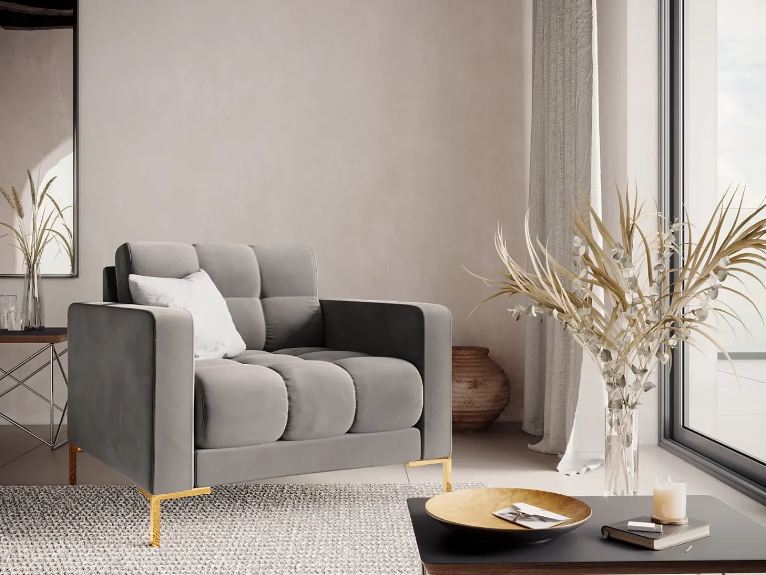 Poltrona*Cosmopolitan Design - Poltrona "Bali" em veludo cinza claro - 87x92x75cm Cinzento claro