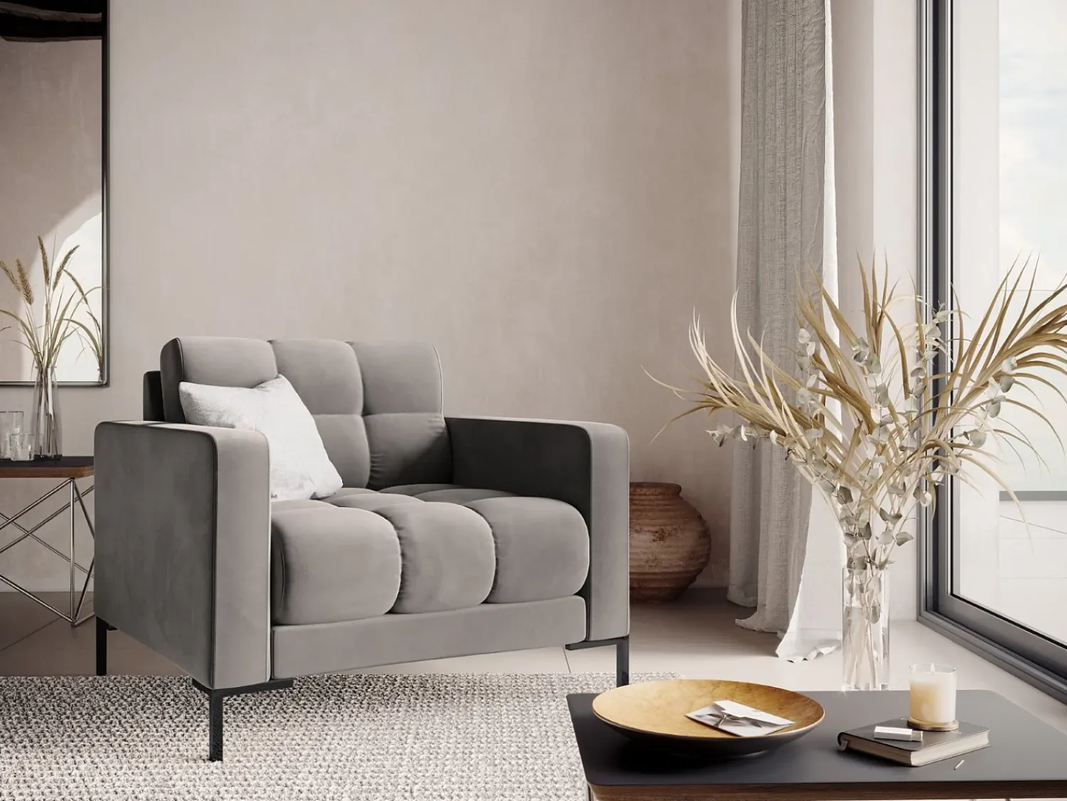 Poltrona*Cosmopolitan Design - Poltrona "Bali" em veludo cinza claro - 87x92x75cm Cinzento claro