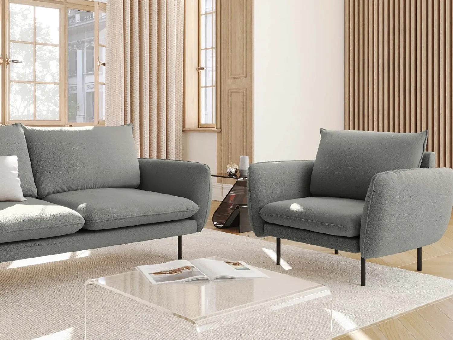 Poltrona*Cosmopolitan Design - Poltrona "Vienna" em tecido bouclé cinza - 97x94x95cm Cinzento