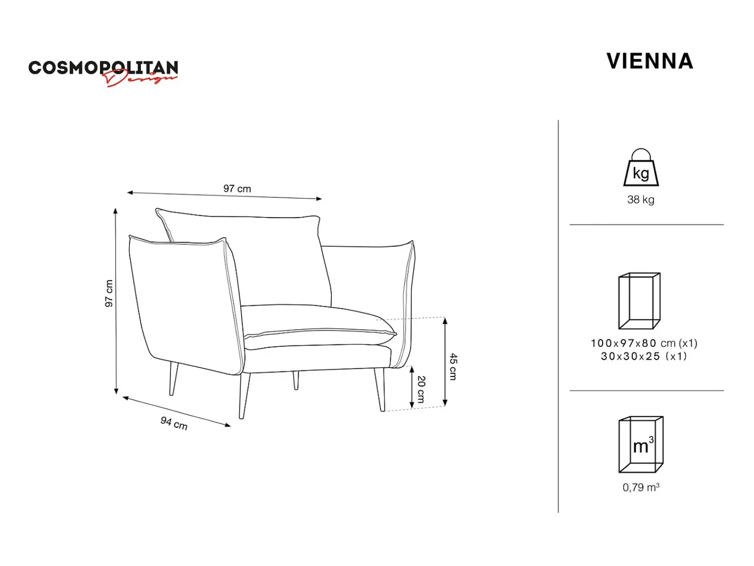 Poltrona*Cosmopolitan Design - Poltrona "Vienna" em tecido bouclé cinza - 97x94x95cm Cinzento