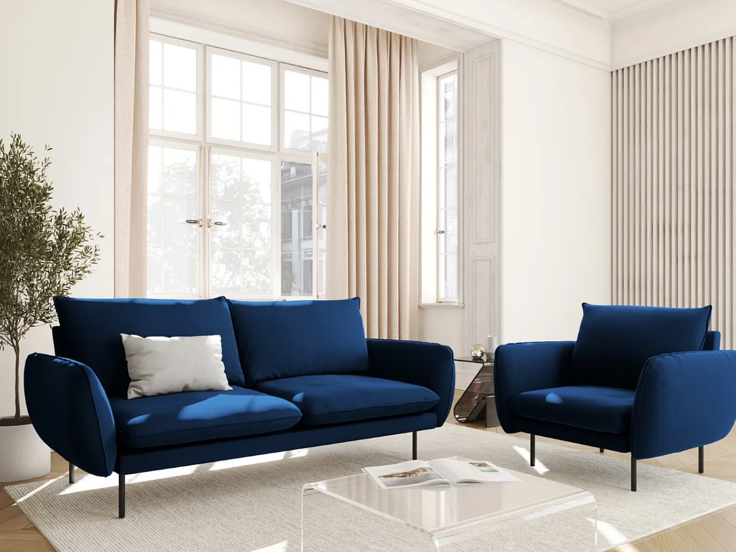 New Cosmopolitan Design - Poltrona "Vienna" em veludo azul real - 97x94x95cm Azul escuro