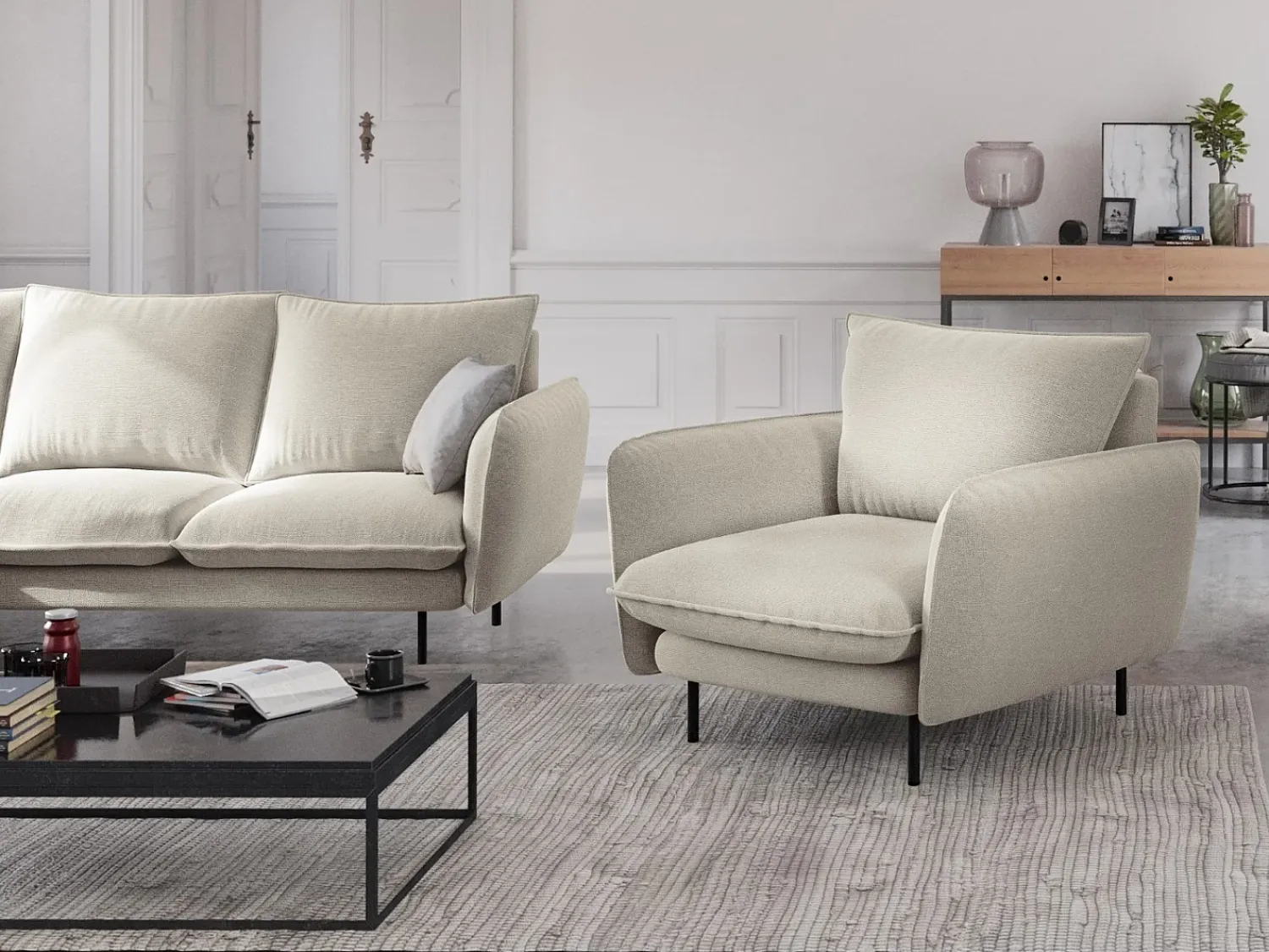 Cosmopolitan Design - Poltrona "Vienna" em tecido estrutural claro - 97x94x95cm^ Poltrona