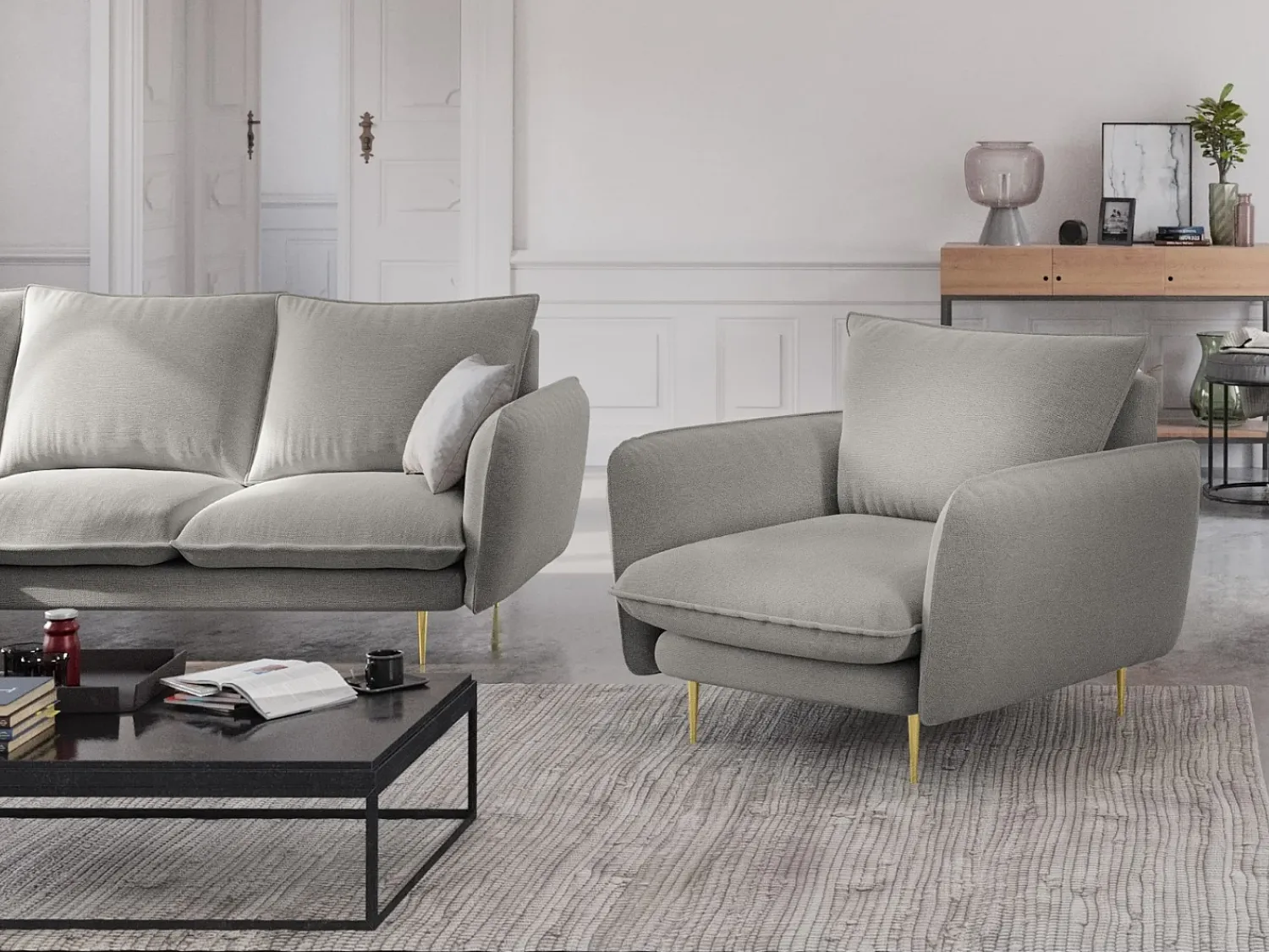 New Cosmopolitan Design - Poltrona "Vienna" em tecido estrutural cinza claro - 97x94x95cm Cinzento claro