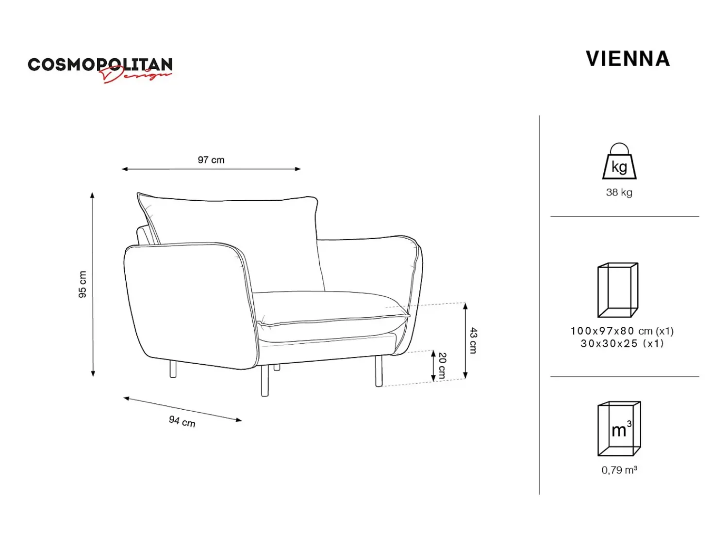 Poltrona|Cosmopolitan Design - Poltrona "Vienna" em veludo - 97x94x95cm Azul claro
