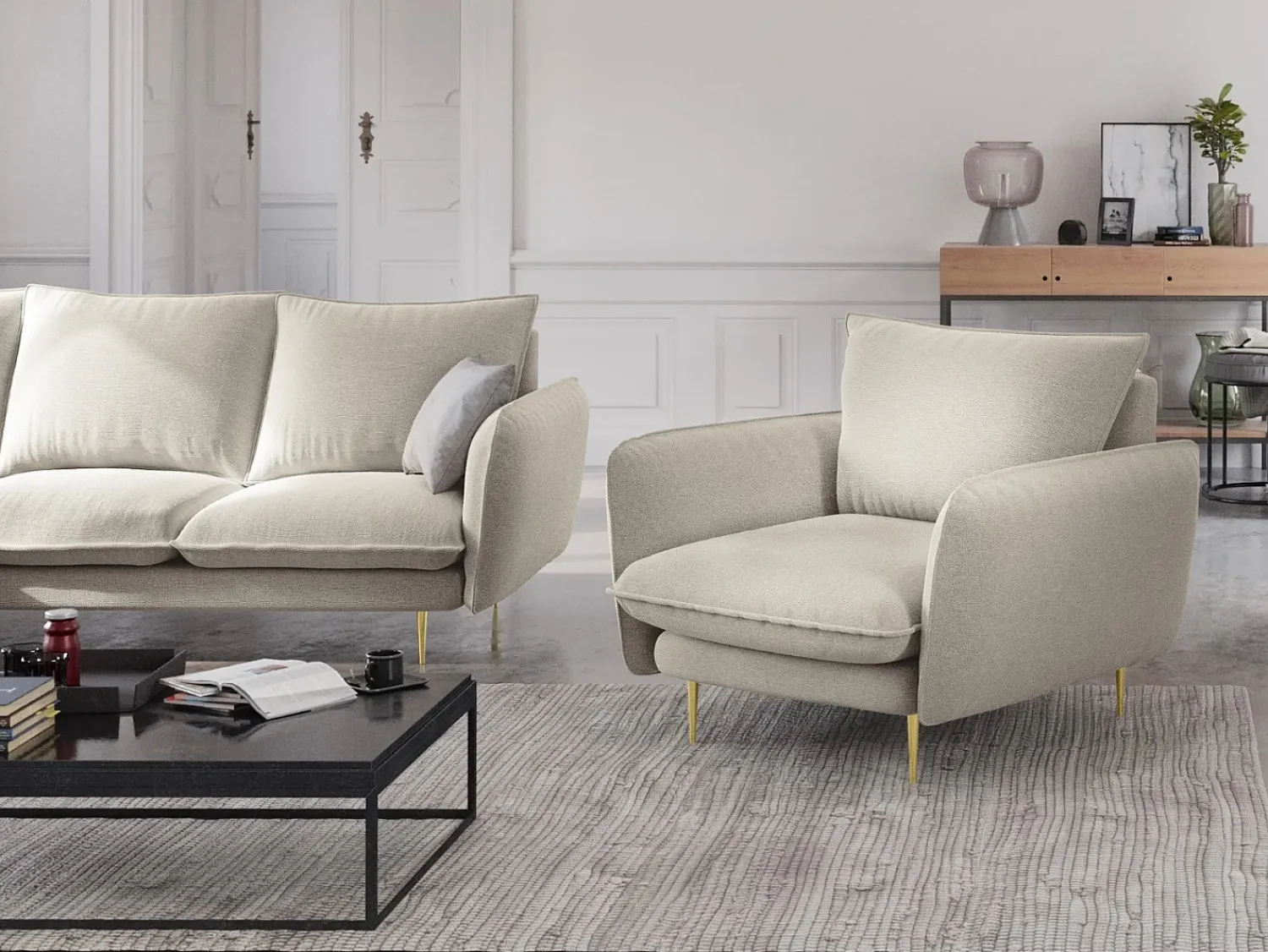 Poltrona*Cosmopolitan Design - Poltrona "Vienna" em tecido estrutural claro - 97x94x95cm Bege