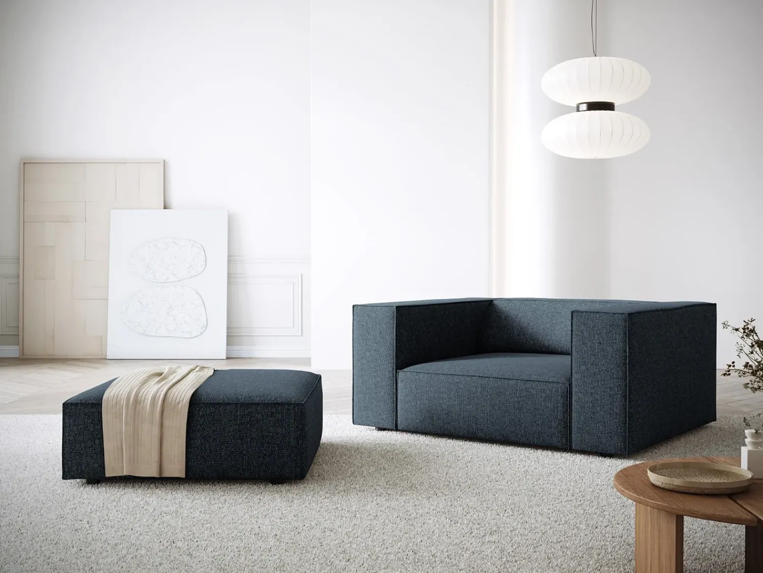 Outlet Cosmopolitan Design - Poltrona "Arendal" em tecido chenille azul real - 124x102x70cm Azul escuro