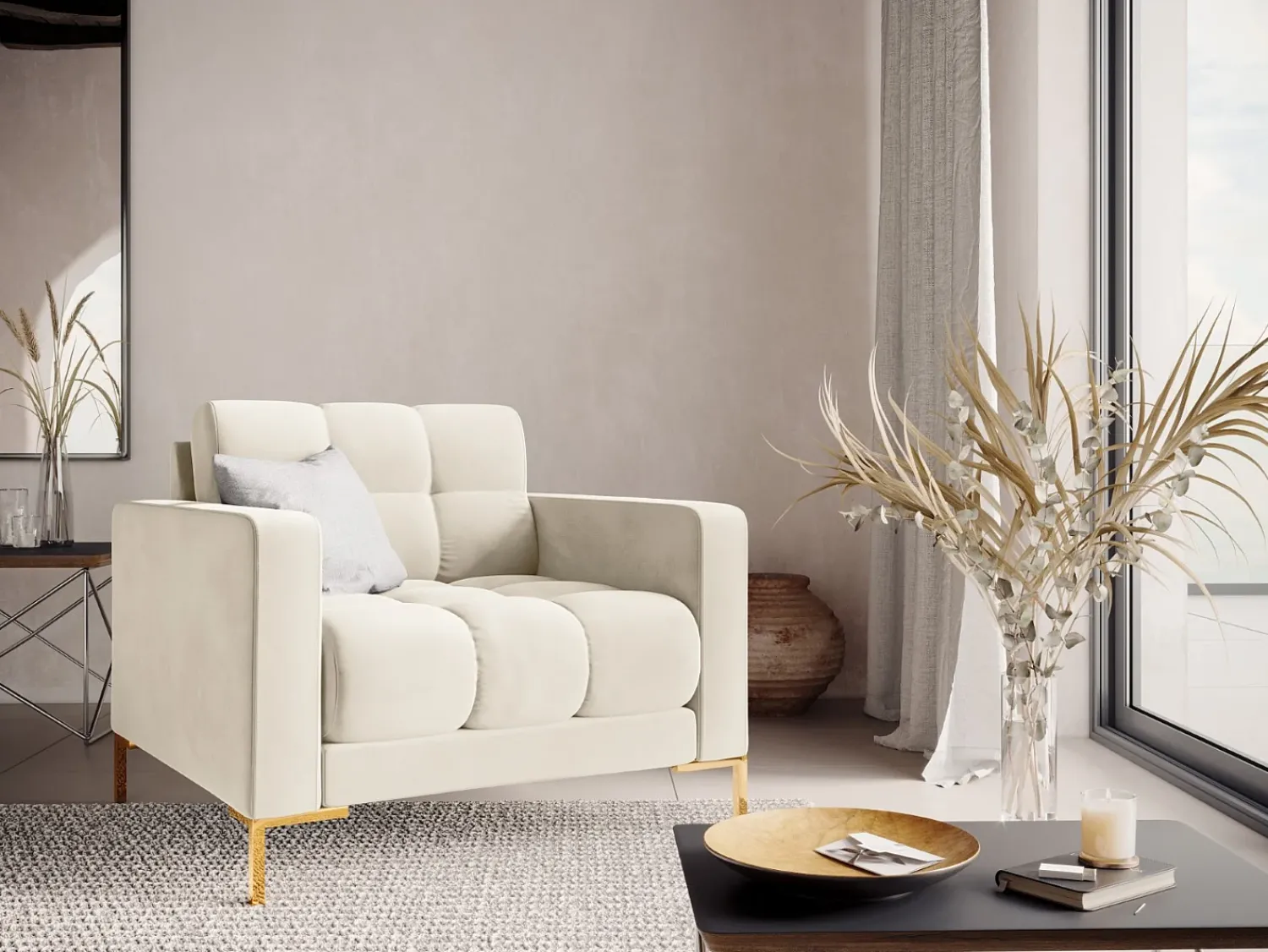 Poltrona*Cosmopolitan Design - Poltrona "Bali" em veludo claro - 87x92x75cm Bege