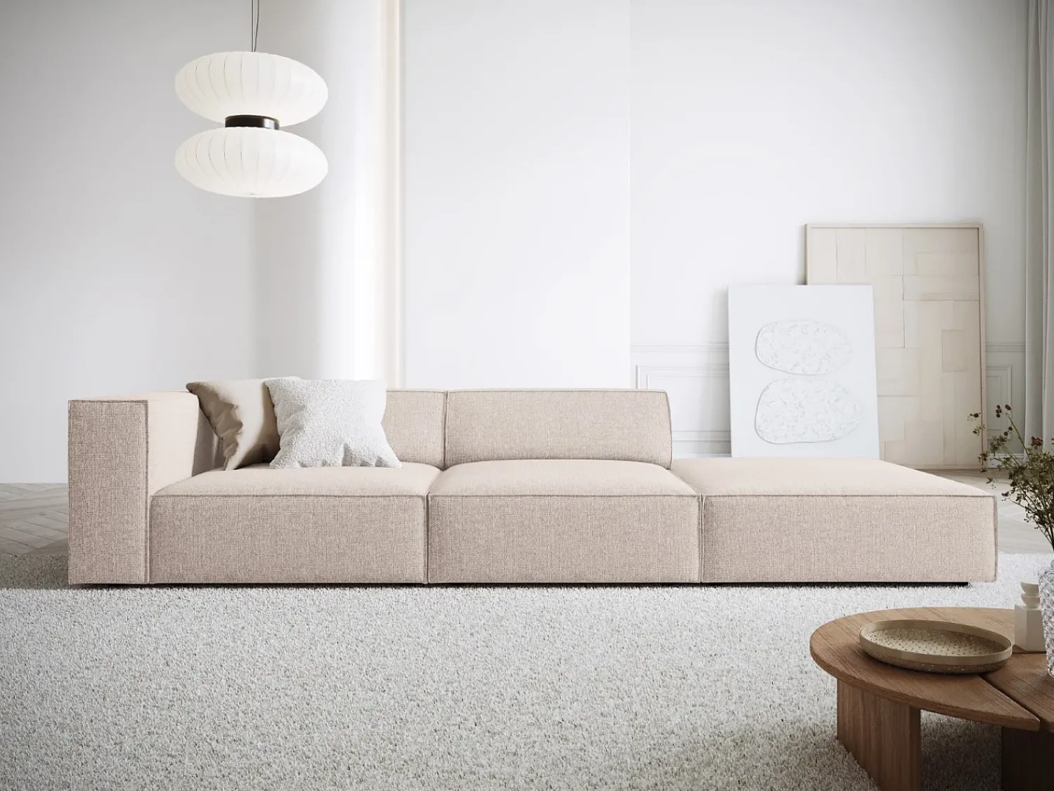Sofá|Cosmopolitan Design - Sofá direito "Arendal" 4 lugares em tecido chenille - 262x102x70cm Bege