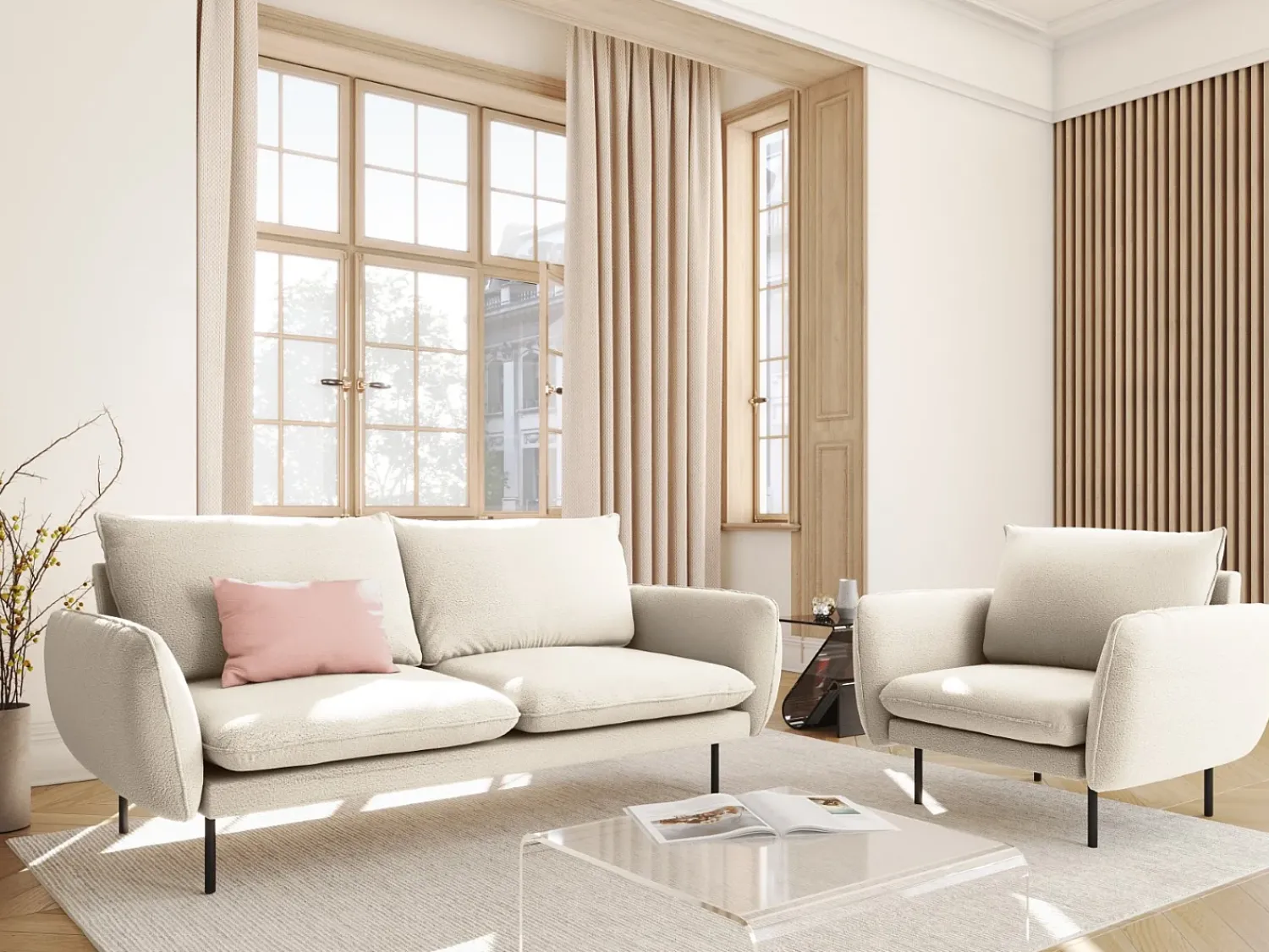 Sofá*Cosmopolitan Design - Sofá "Vienna" 2 lugares em tecido bouclé - 160x92x95cm Bege