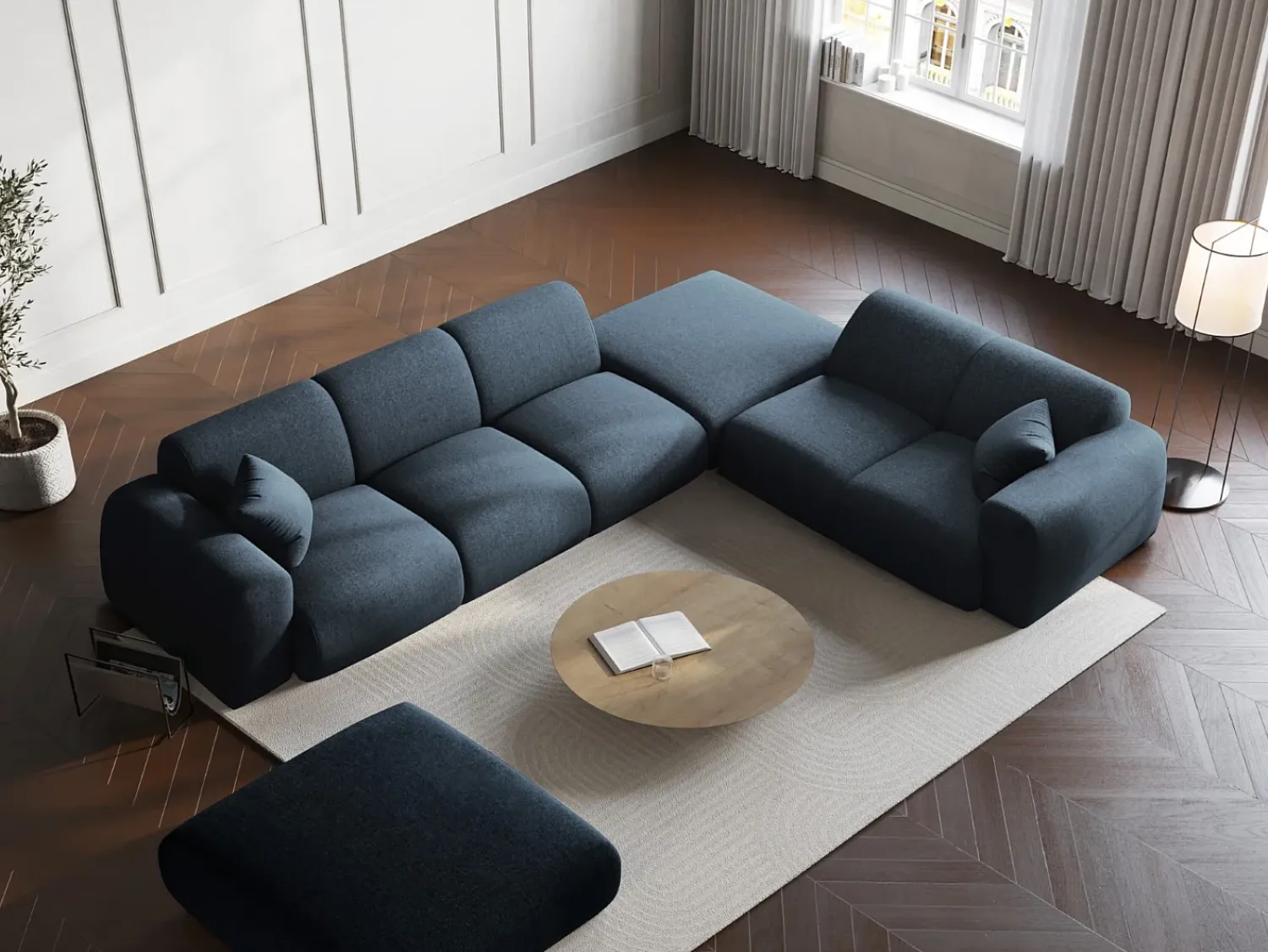 Cosmopolitan Design - Sofá de canto direito "Nolio" 4 lugares em tecido chenille azul real - 315x250x72cm^ Sofá
