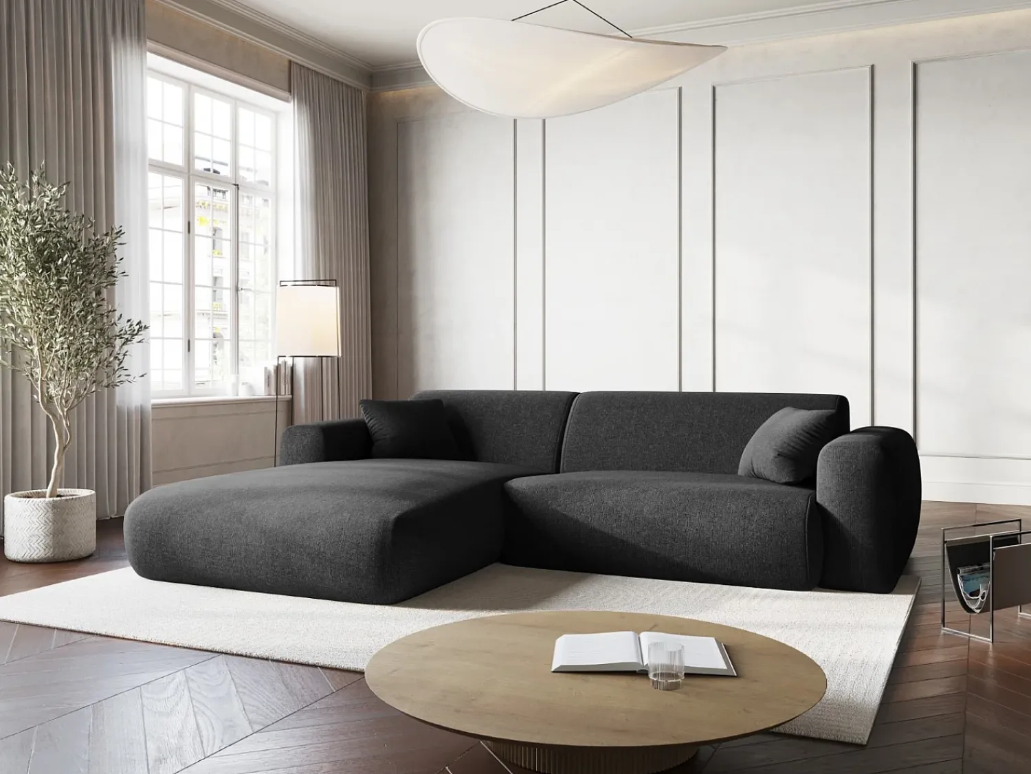 Sofá|Cosmopolitan Design - Sofá de canto esquerdo "Nolio" 4 lugares em tecido chenille - 235x170x72cm Preto
